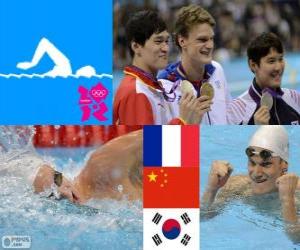 yapboz Yüzme Erkekler 200 metre serbest podyum, Yannick Agnel (Fransa), Sun Yang (Çin) ve Park Tae Hwan (Güney Kore) - Londra 2012-